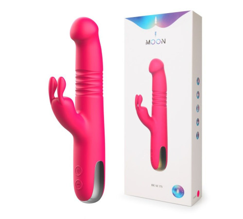 Розовый вибратор-ротатор со стимулятором клитора и возвратно-поступательными движениями - 22,4 см.