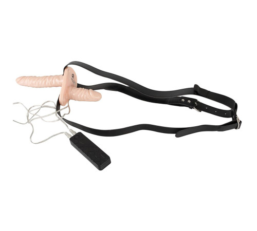 Телесный женский страпон с вагинальной пробкой Strap-On Duo - 15 см.