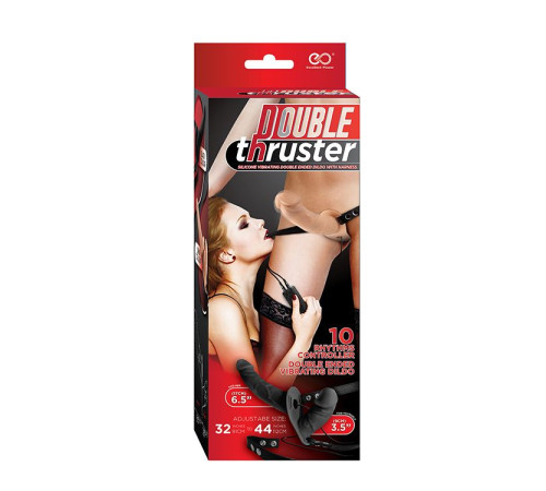 Телесный страпон с вибрацией и вагинальной пробкой DOUBLE THRUSTER VIBE WITH HARNESS - 17 см.