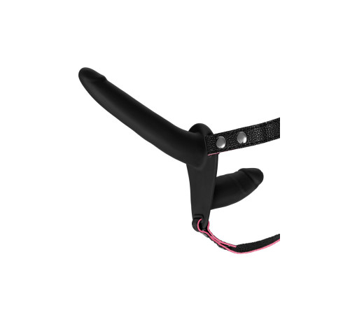 Черный страпон на ремнях с вагинальной пробкой - 15 см.