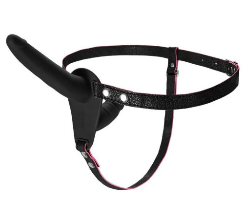 Черный страпон на ремнях с вагинальной пробкой - 15 см.